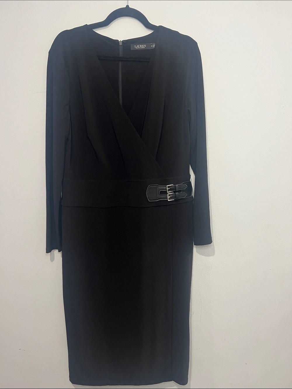 Ralph Lauren Black Long-Sleeve Faux-Wrap Sheath Dress - Women’s Size 12